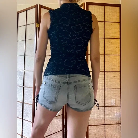 Xoxo y2k vintage black lace open front mandarin collar ruched tank top - Picture 4 of 8